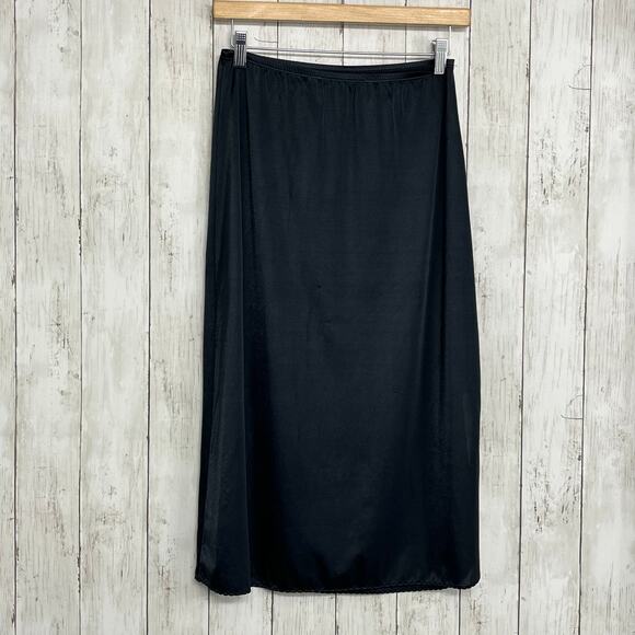 Vintage Bali Studio Nylon Stretch Waist Knee Length Side Slit Basic Black Slip - Picture 2 of 9